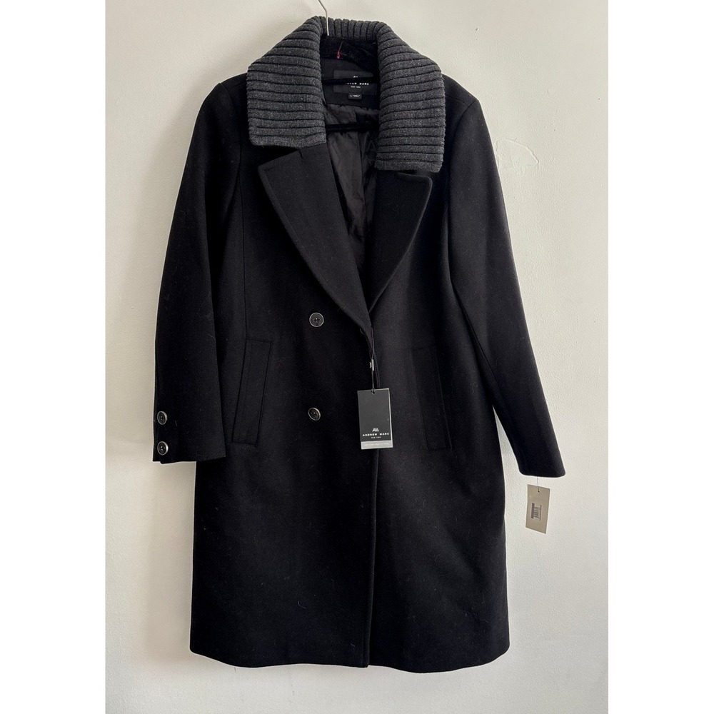 NWT Andrew Marc New York Mens Black Wool Blend Bib Collar Overcoat Size Large
